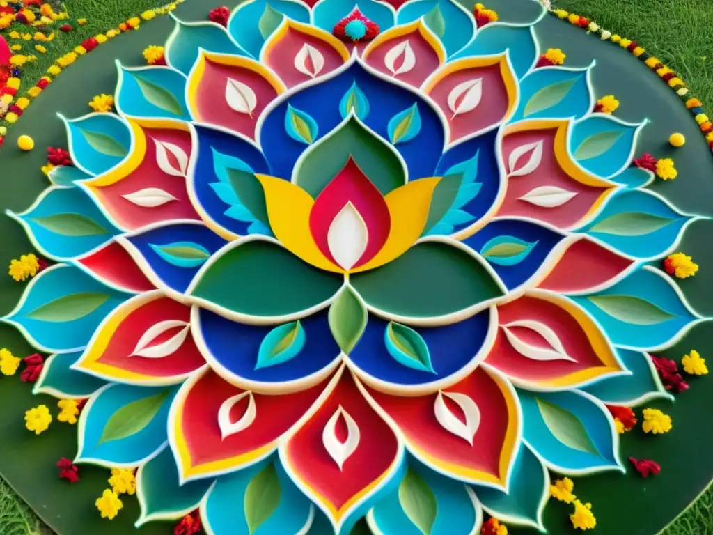 Vibrante diseño de rangoli hindú con símbolos tradicionales y significado del color en tradiciones hindúes