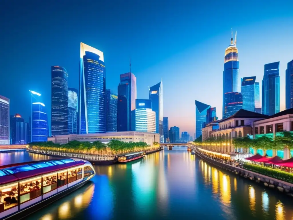 Vibrante distrito financiero asiático con rascacielos y río
