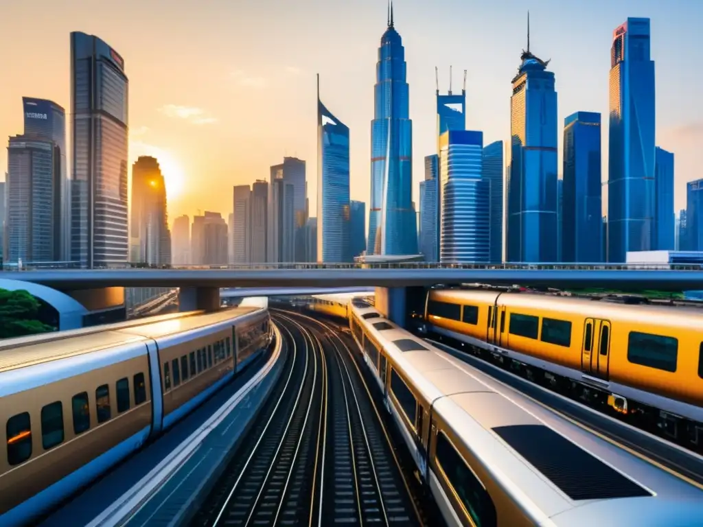 Horizonte urbano asiático: rascacielos al atardecer Vibrante distrito de negocios en Asia, con rascacielos modernos reflejando el atardecer dorado