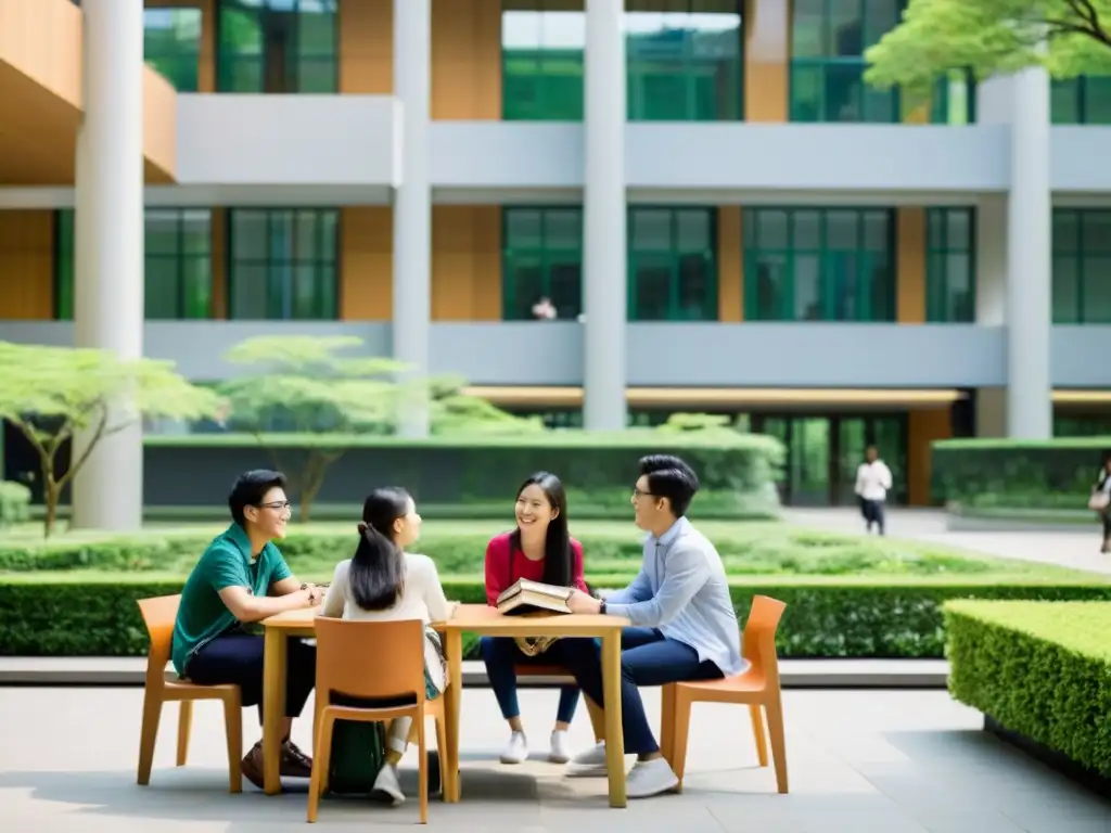 Un vibrante encuentro de estudiantes asiáticos comprometidos en un bullicioso campus universitario, rodeado de moderna arquitectura y exuberante vegetación