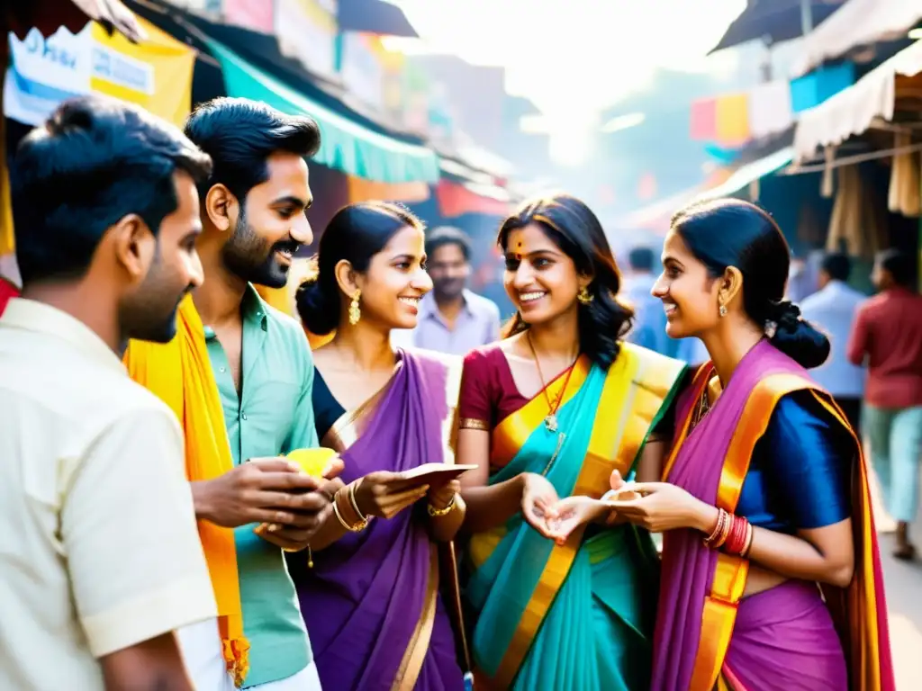 Un vibrante encuentro de poetas contemporáneos India, debatiendo apasionadamente en un bullicioso mercado callejero de Nueva Delhi