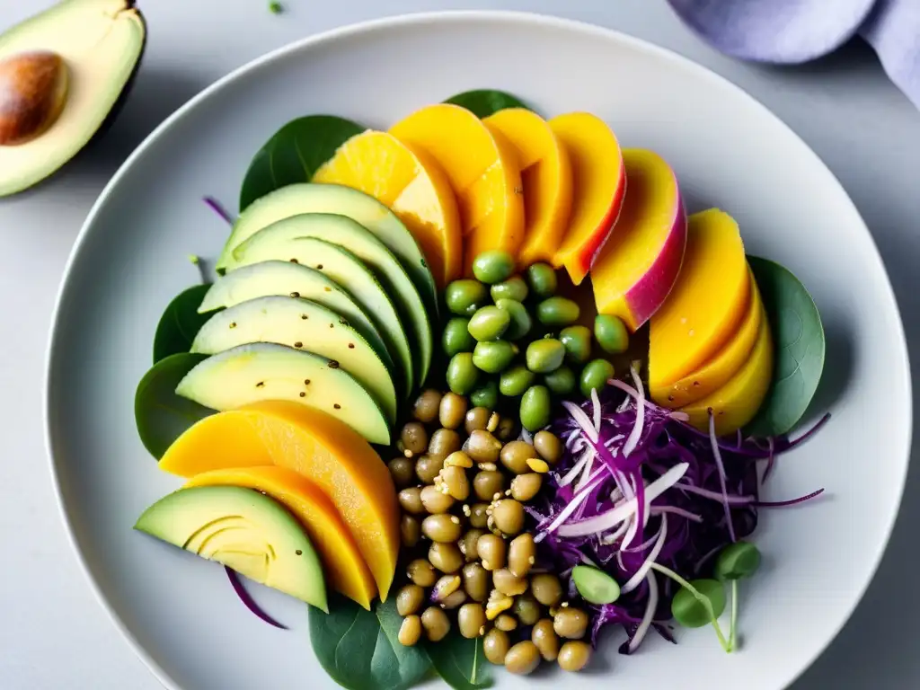 Una vibrante ensalada con mango, aguacate, edamame, zanahoria y col morada, bañada en aderezo de sésamo dorado