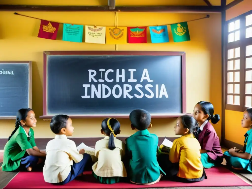 Vibrante enseñanza diversa en Indonesia: niños atentos en aula colorida, rodeados de arte y naturaleza exuberante