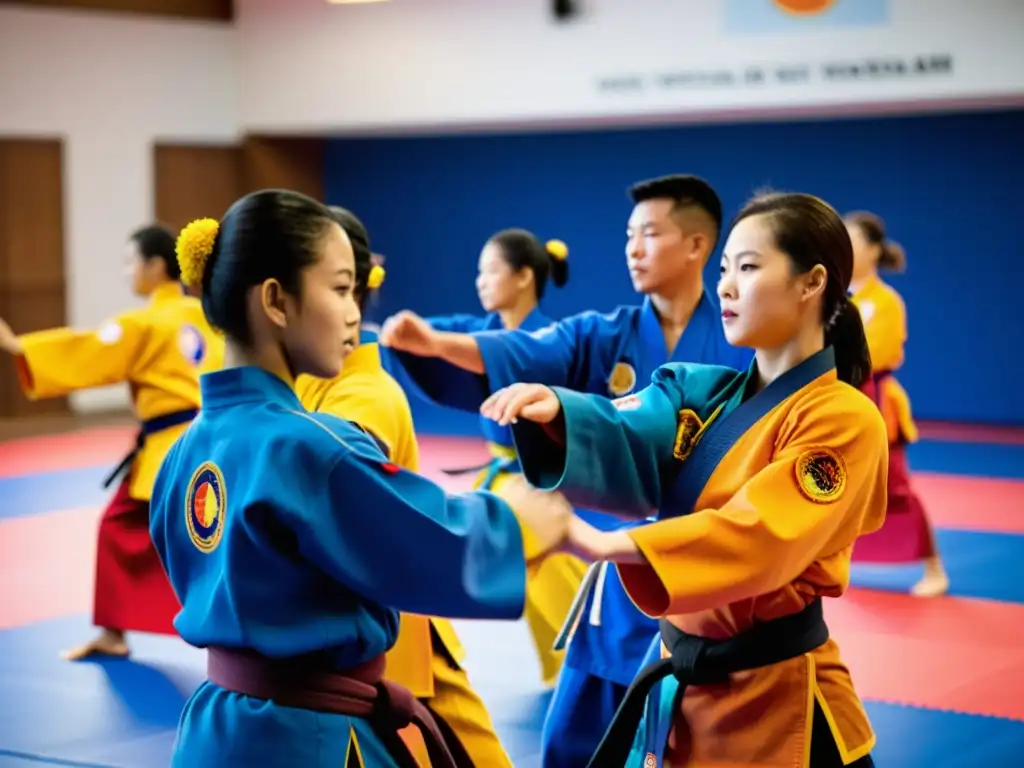 Un vibrante entrenamiento de Vovinam en un estudio moderno, resaltando el desarrollo del Vovinam después de Vietnam con maestría y dedicación