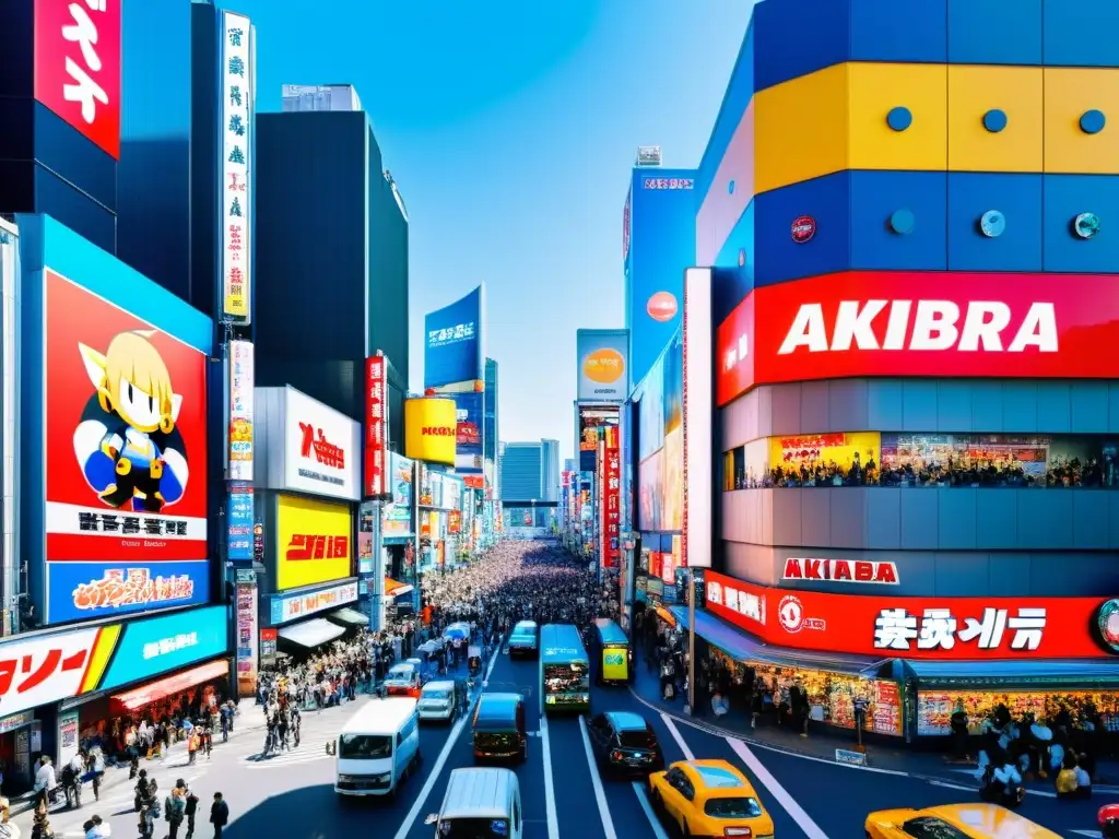 Vibrante escena de Akihabara en Tokio, con multitud de anime y tiendas, reflejando la revolución Akira anime global