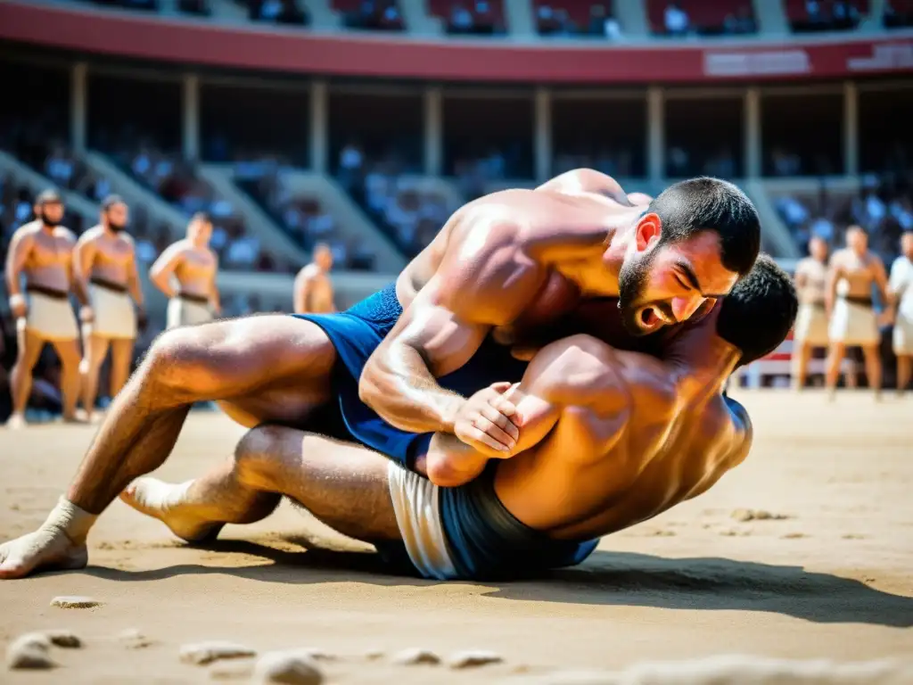 Vibrante escena de Pankration en la antigua Grecia, con atletas luchando en un estadio lleno de espectadores emocionados