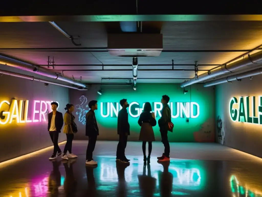 Vibrante escena de arte underground asiático descubriendo galerías en una galería subterránea iluminada por neones y grafitis coloridos