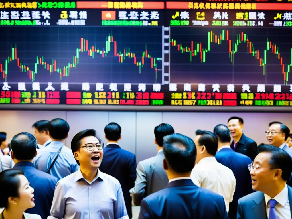 Vibrante escena de la bolsa de valores en China, con traders activos y pantallas mostrando precios de acciones