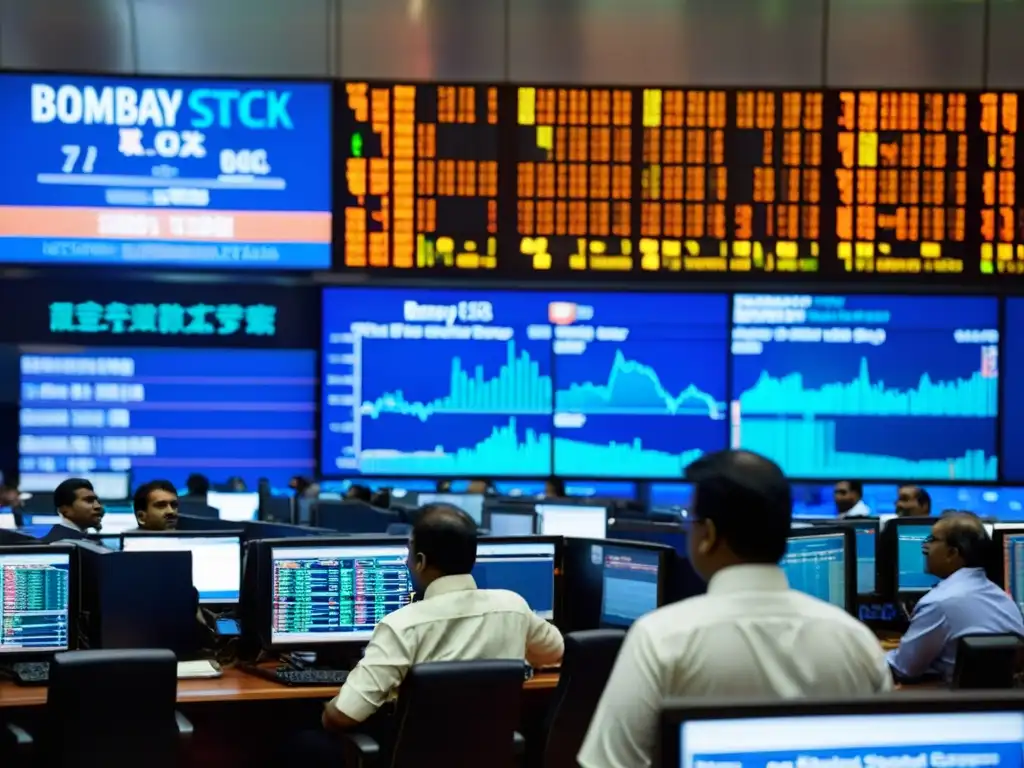 Escena vibrante en la Bolsa de Bombay y Bolsa Nacional de India Vibrante escena en las bolsas de valores de Bombay y Nacional de la India, con traders y datos financieros en tiempo real