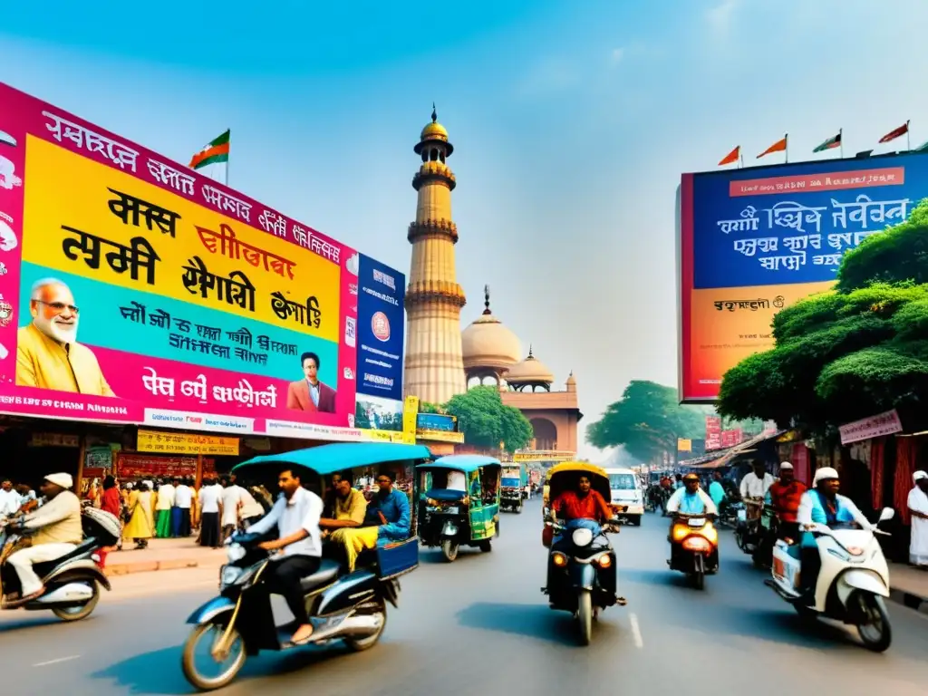 Vibrante escena en la bulliciosa calle de Nueva Delhi, India, muestra el impacto de nuevos medios en la literatura india, mezclando lo tradicional y lo moderno