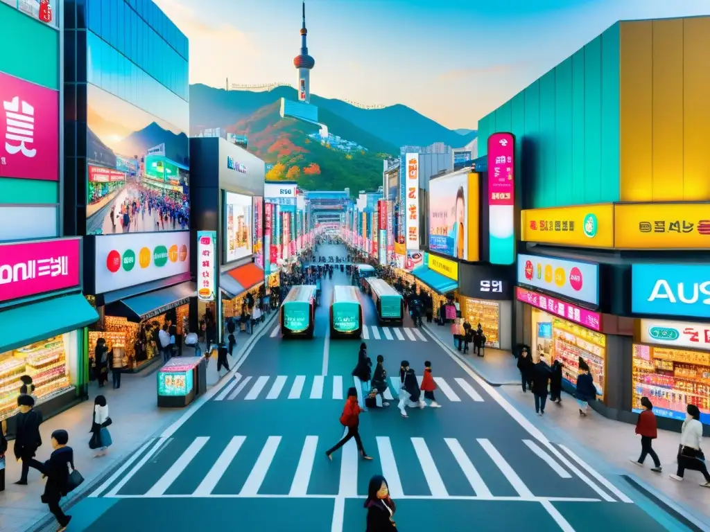 Vibrante escena de la bulliciosa calle en Seúl, Corea del Sur, repleta de innovadores productos de belleza y cuidado de la piel asiáticos