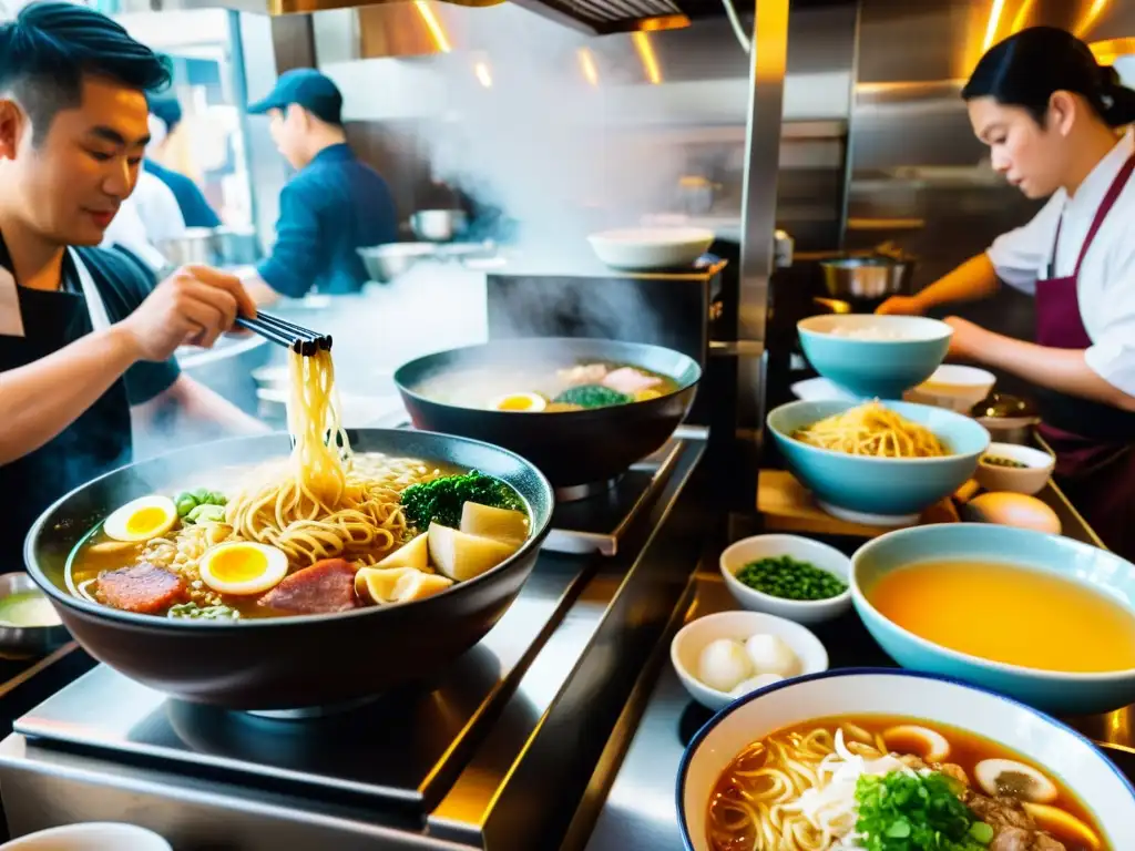 'Vibrante escena de un bullicioso local de ramen en Tokio, con chefs preparando noodles y clientes disfrutando, capturando el boom del ramen global