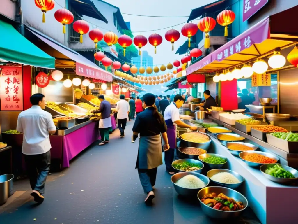 Vibrante escena de calle en Asia con los mejores restaurantes fusión culinaria