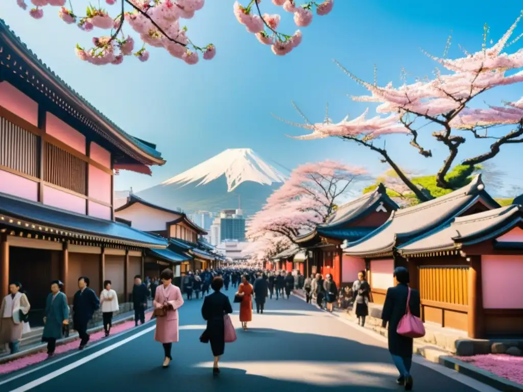 Vibrante escena de la calle en Tokyo durante la temporada de sakura, evocando energía y riqueza cultural