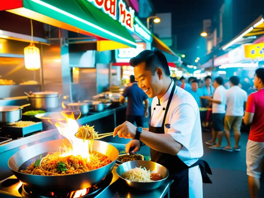 Vibrante escena callejera en Bangkok, con comida asiática y el chef David Thompson