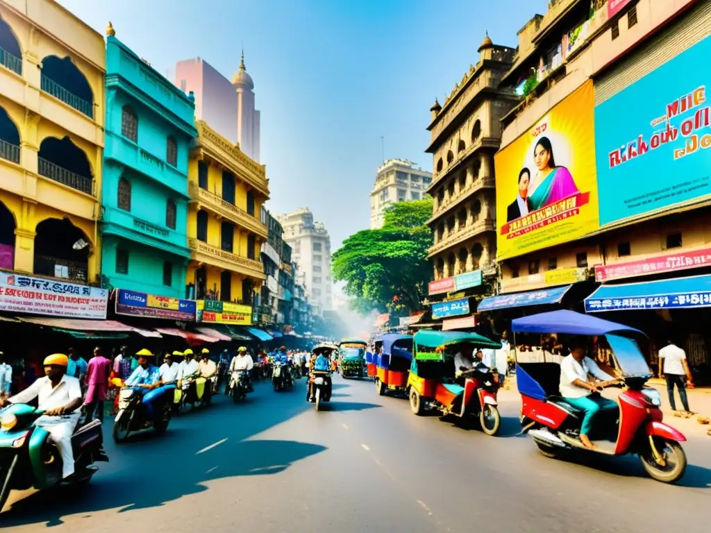 Vibrante escena callejera en Mumbai, India, con rickshaws, edificios coloridos y un cartel de una película de Bollywood