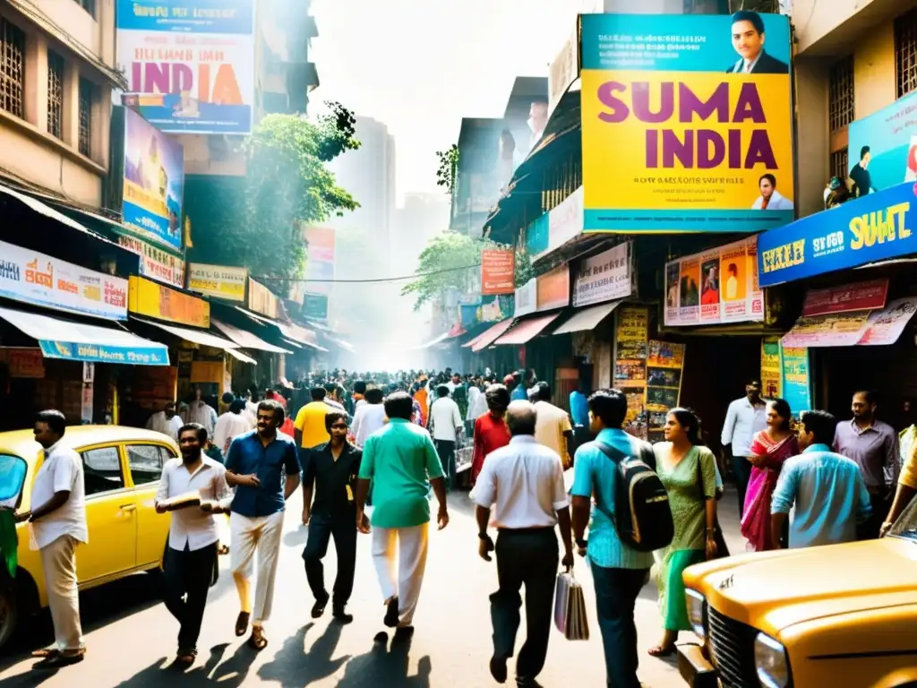 Vibrante escena callejera en Mumbai, India, donde cine y literatura se entrelazan en un intercambio social dinámico y creativo