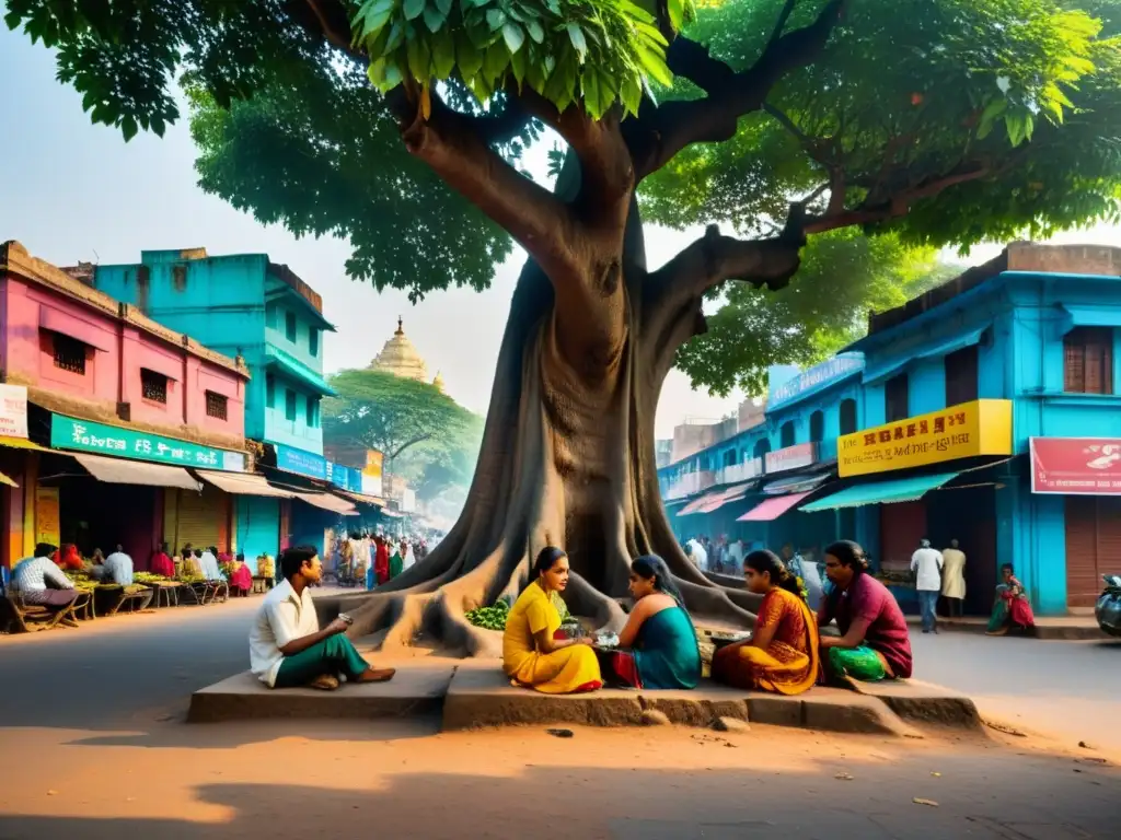 Vibrante escena callejera en la India con poetas contemporáneos bajo un árbol de baniano, capturando la evolución de la poesía india