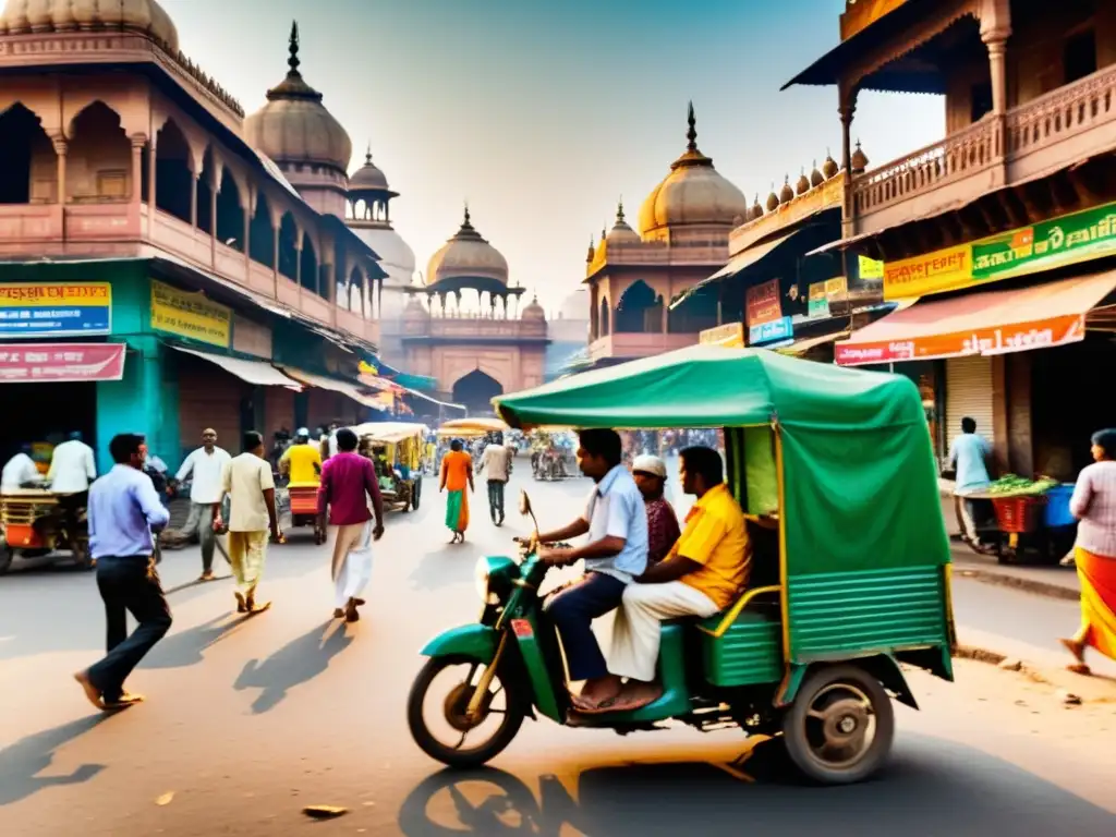 Vibrante escena callejera en la India, con vendedores, rickshaws y actividad local, reflejando el significado del dios pequeñas cosas