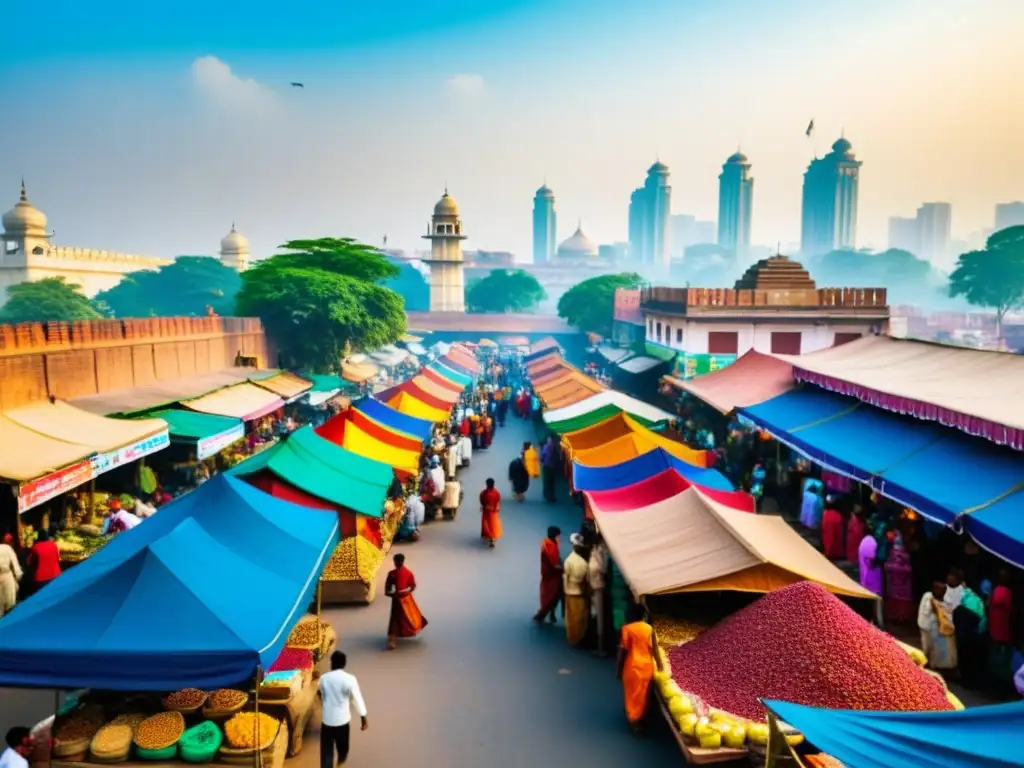 Vibrante escena callejera en India, con mercado bullicioso de especias y textiles tradicionales frente a moderno horizonte urbano