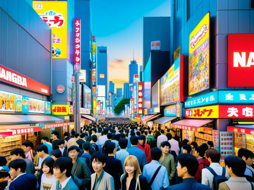 Akihabara: Calle llena de energía y cultura pop japonesa Vibrante escena callejera en Akihabara, Tokio, con influencia artística del cómic asiático