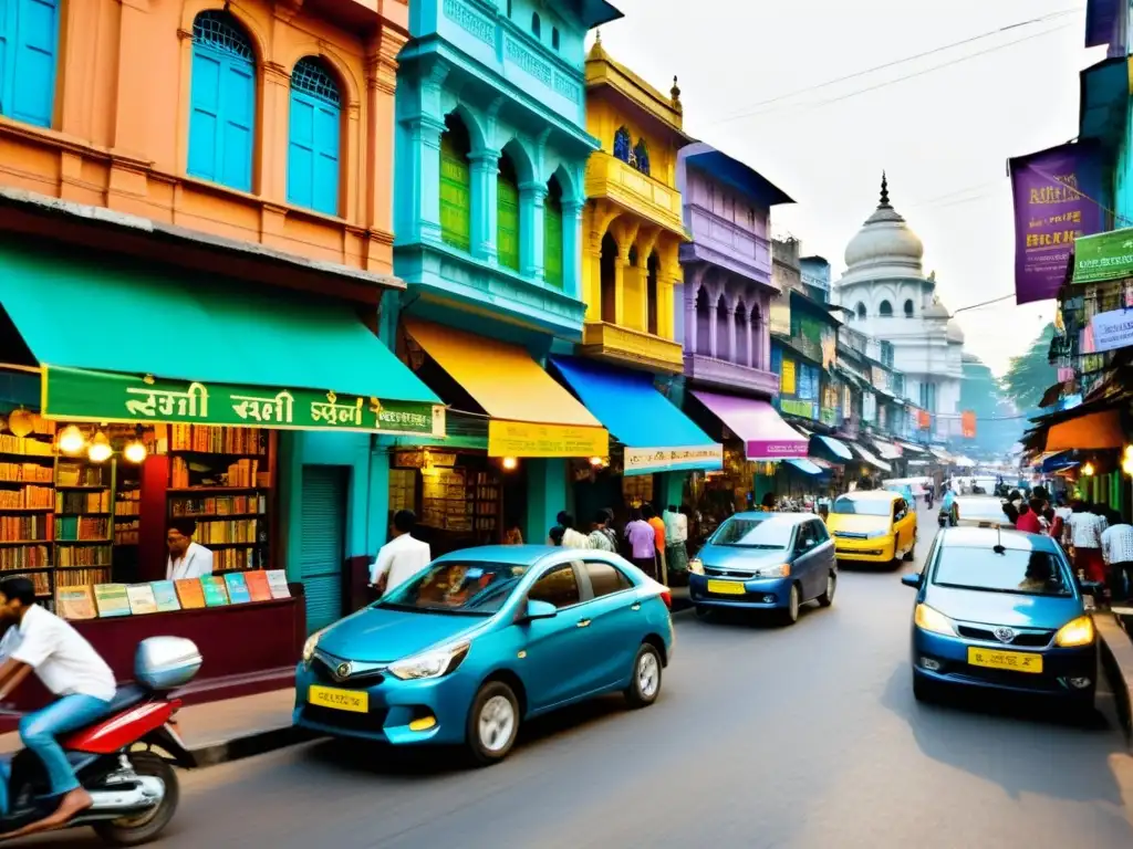 Vibrante escena callejera en Kolkata con librerías y cafés literarios, fusionando lo tradicional y moderno