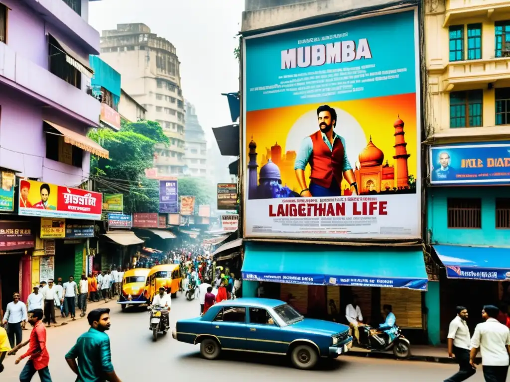 Vibrante escena callejera en Mumbai, India, llena de coloridos carteles de Bollywood, representativos de los arquetipos en el cine de Bollywood