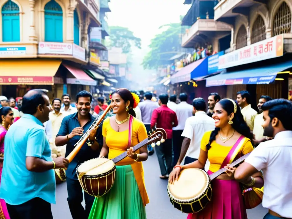 Escena callejera vibrante con músicos y multitud en Mumbai Vibrante escena callejera en Mumbai con músicos y espectadores entusiastas, reflejando la importancia de las bandas sonoras en películas Bollywood