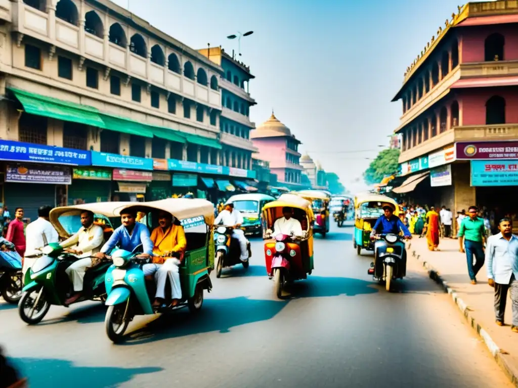 Vibrante escena callejera en Nueva Delhi, India, reflejando la historia de la literatura contemporánea India en una mezcla de tradición y modernidad