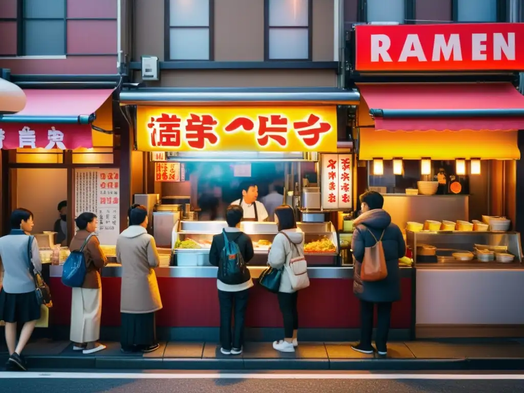 Vibrante escena callejera en Tokyo, con pequeños puestos de ramen y clientes entusiastas