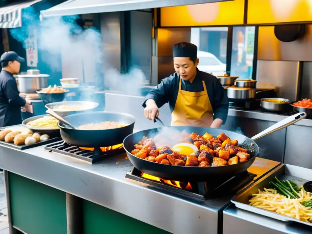 Vibrante escena callejera en Seúl, Corea del Sur, con chef preparando topokki comida callejera coreana mientras el aroma llena el aire