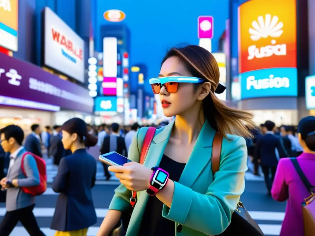Tecnología wearable de moda en Tokyo: escena urbana vibrante Vibrante escena callejera en Tokio con tecnología wearable en el mercado asiático