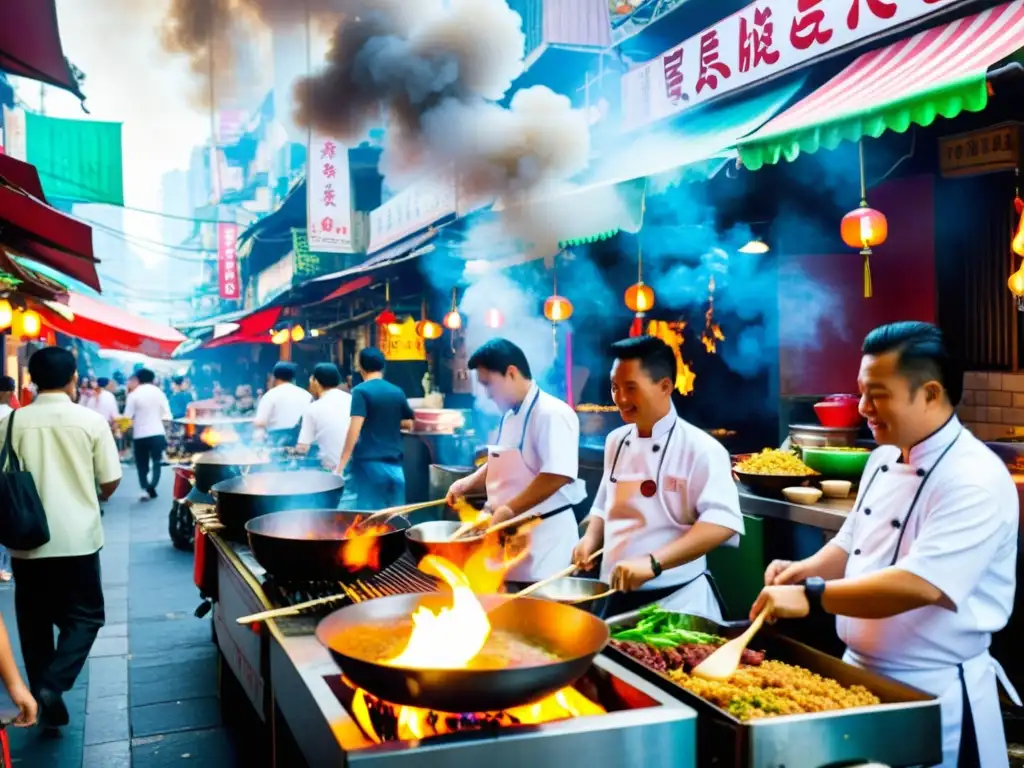 Vibrante escena de comida callejera en una ciudad asiática con los chefs más influyentes de Asia, creando delicias culinarias mientras la gente disfruta