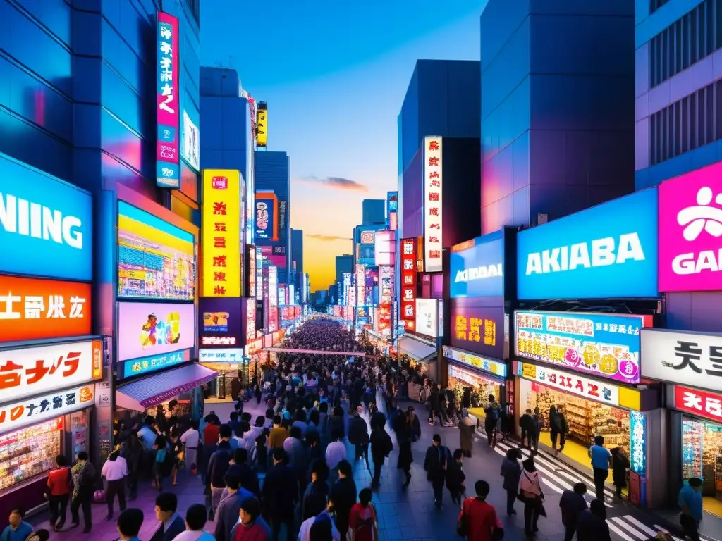 Vibrante escena de Akihabara, Tokyo, con consolas exclusivas de videojuegos asiáticos y entusiastas bajo neón