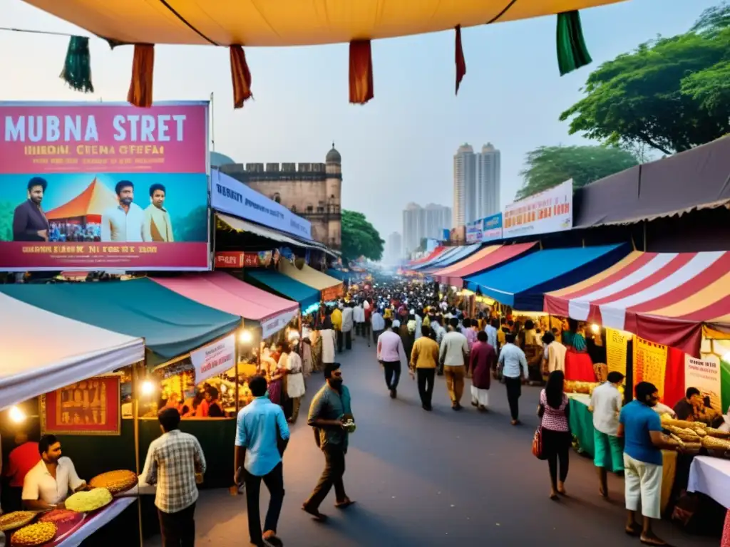 Vibrante escena de un festival de cine en India, con multitudes, comida callejera y coloridos carteles de películas