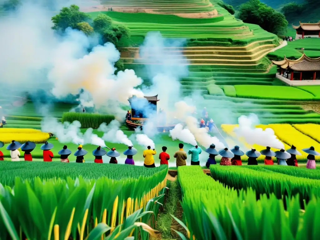 Vibrante escena del Festival de la Planta de Arroz Asiático en China, con personas honrando a sus ancestros y cuidando los campos agrícolas