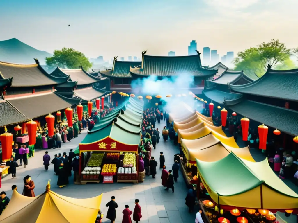 Vibrante escena del Festival Qingming en China con mercado, altares ancestrales, actividades culturales y detalles tradicionales