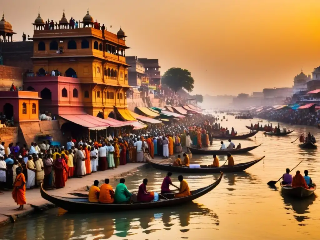 Vibrante escena matutina en el Ganges, Varanasi, India, con peregrinos y arquitectura antigua