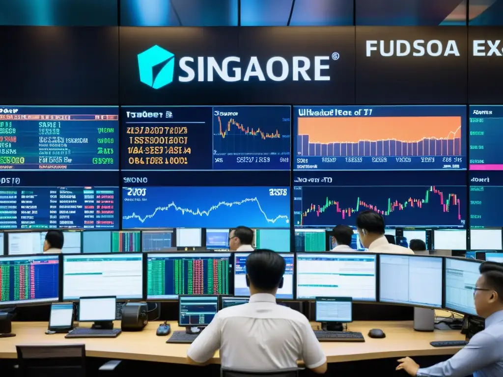 Vibrante escena del mercado de futuros en Asia en la Bolsa de Singapur, con traders y tecnología de vanguardia