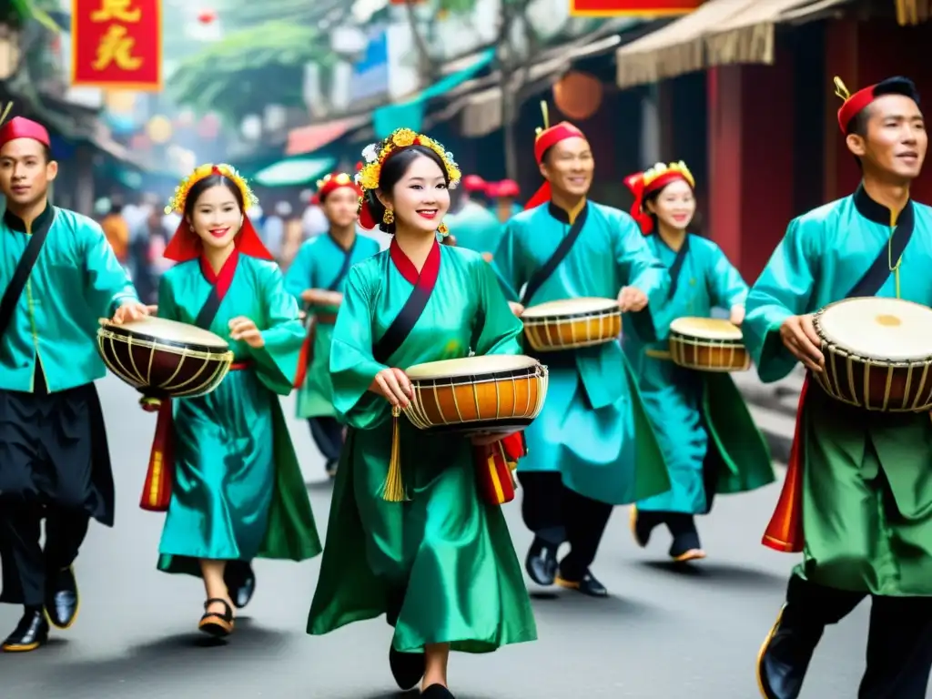 Vibrante escena de músicos vietnamitas tradicionales interpretando música en la bulliciosa calle de Hanoi