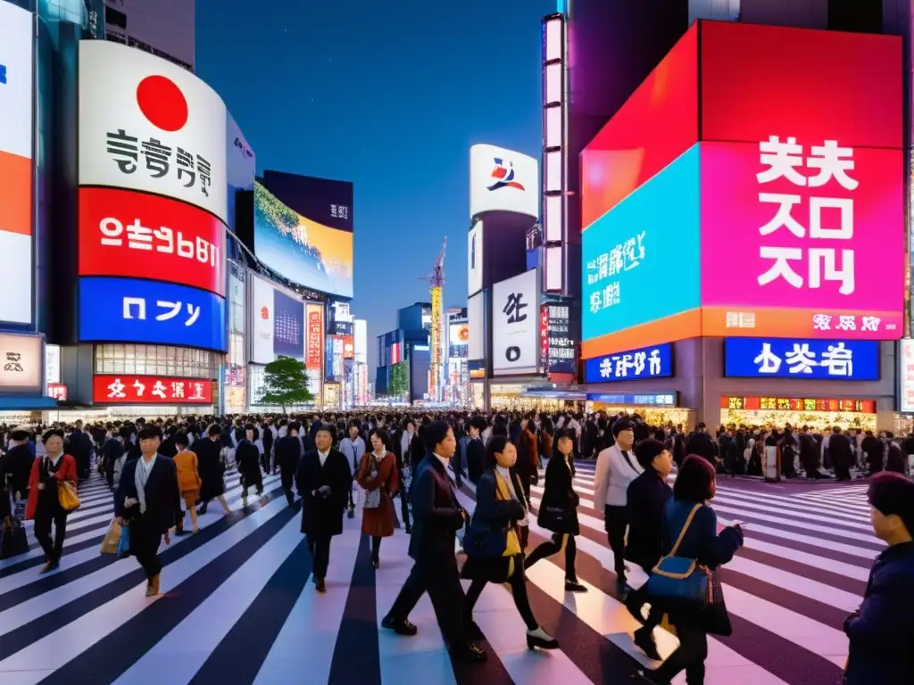 'Vibrante escena nocturna en la concurrida calle de Shibuya, Tokyo, fusionando preservación cultural en destinos asiáticos modernizados