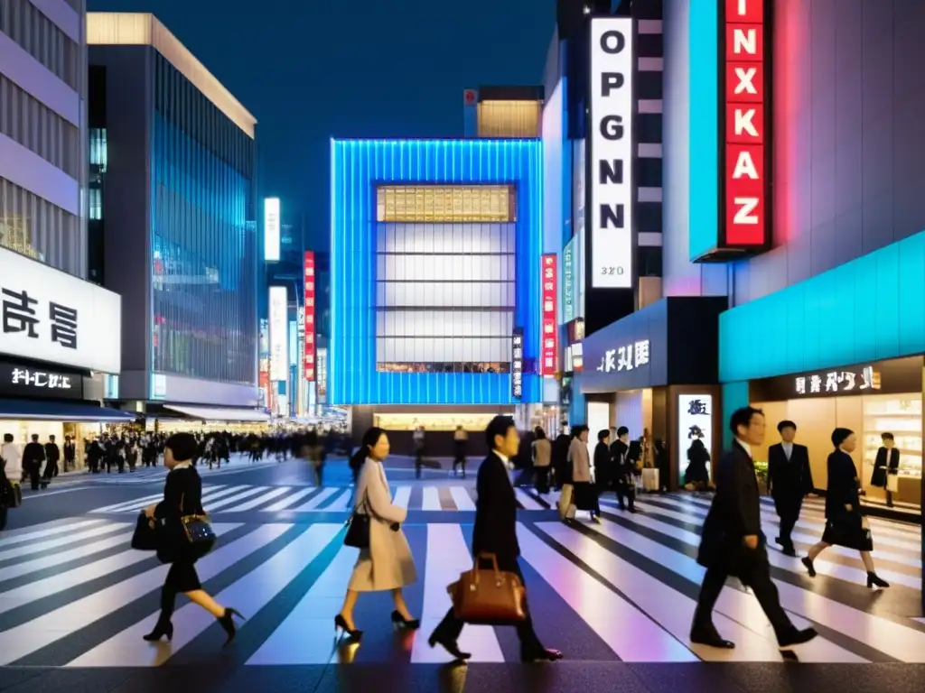 Vibrante escena nocturna en el lujoso distrito de Ginza, Tokio, con marcas asiáticas de lujo en expansión