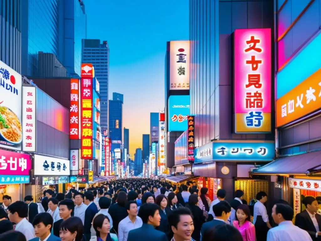 Vibrante escena nocturna en Shinjuku, con luces de neón, rascacielos y un mar de gente