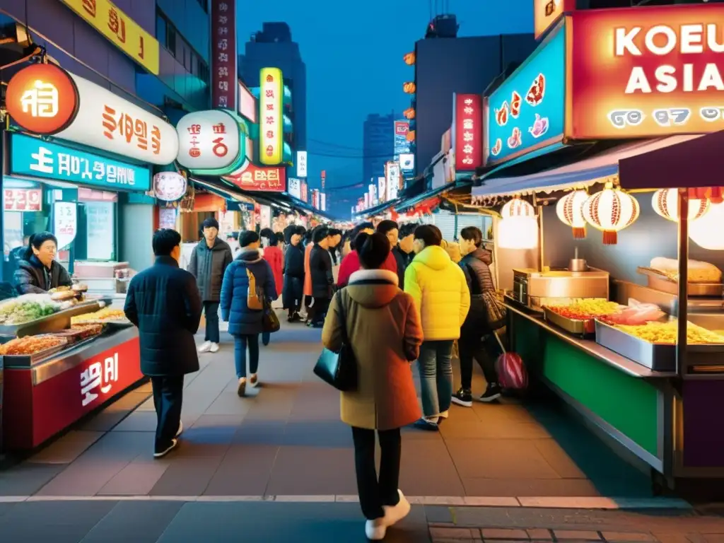 Vibrante escena nocturna en Seúl, Corea del Sur, con letreros de neón, bullicio y puestos de comida callejera coloridos