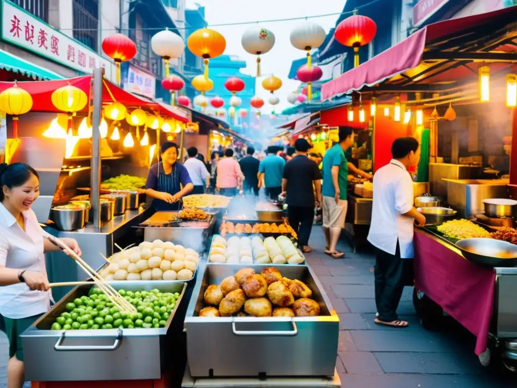 Vibrante escena de puestos de comida asiática en la calle, reflejando la evolución de aperitivos asiáticos en la gastronomía global