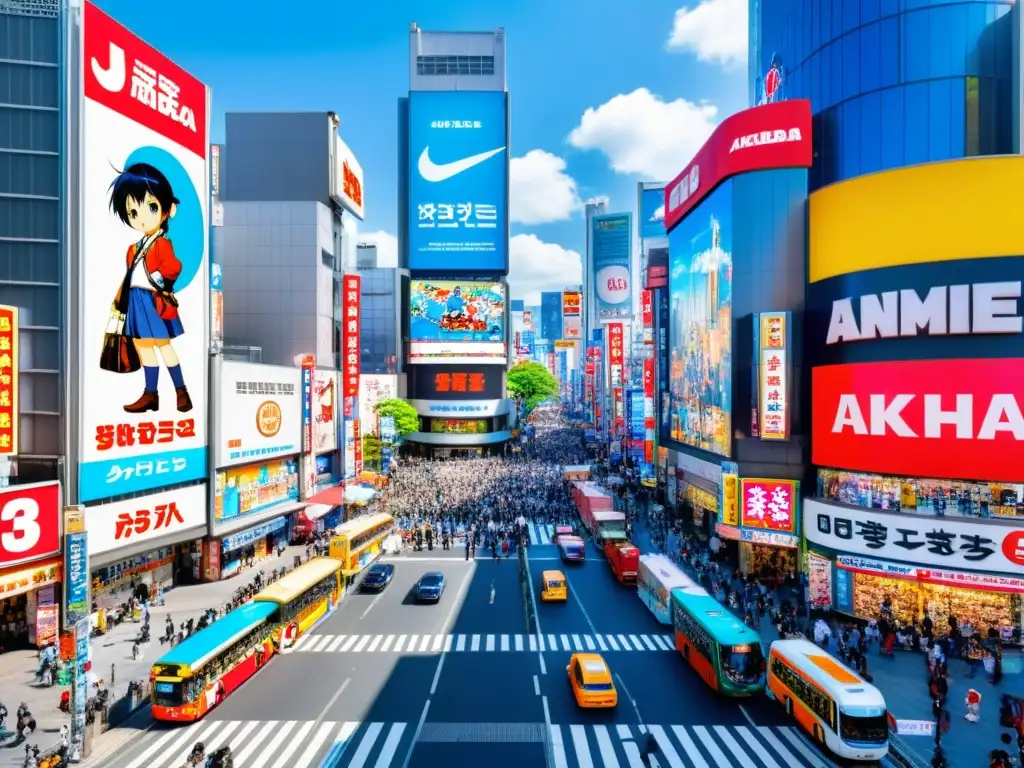 Vibrante escena de Akihabara, Tokio, con tiendas de anime, carteles coloridos y cosplayers