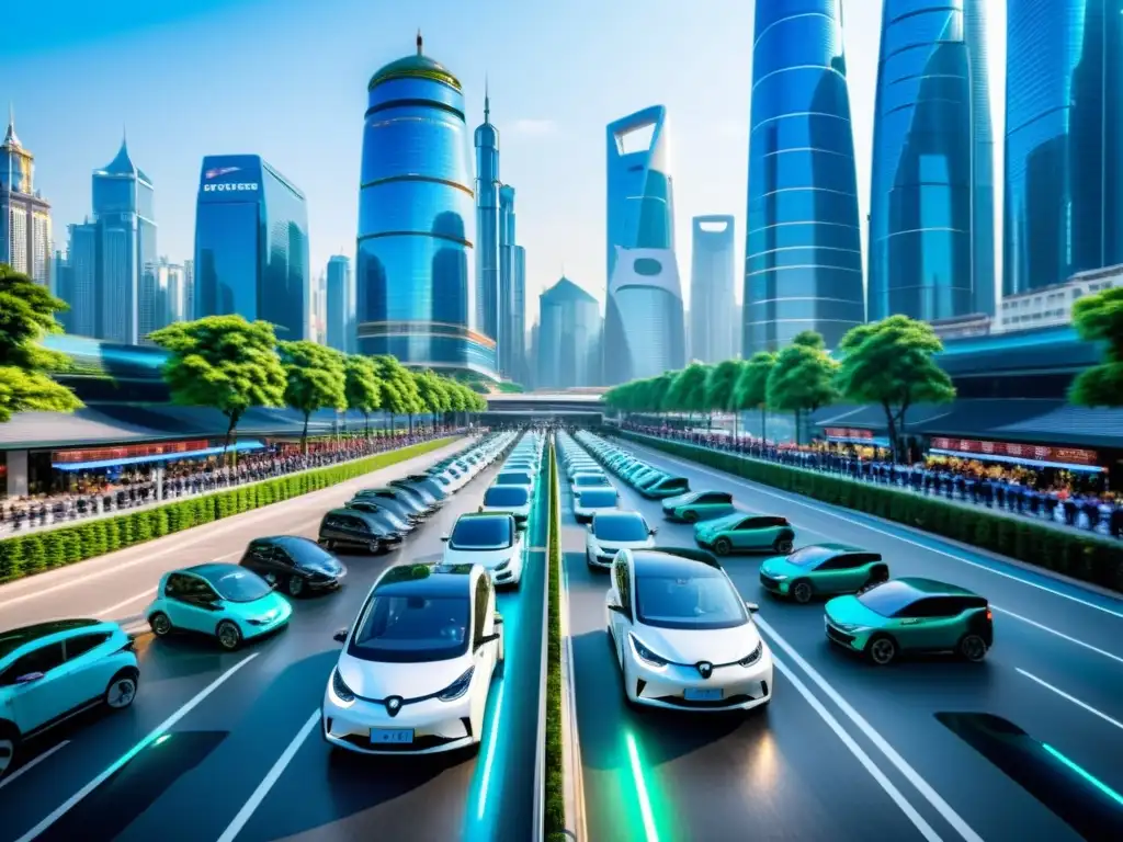 Vibrante escena urbana en China con movilidad eléctrica integrada, impacto global movilidad eléctrica Asia