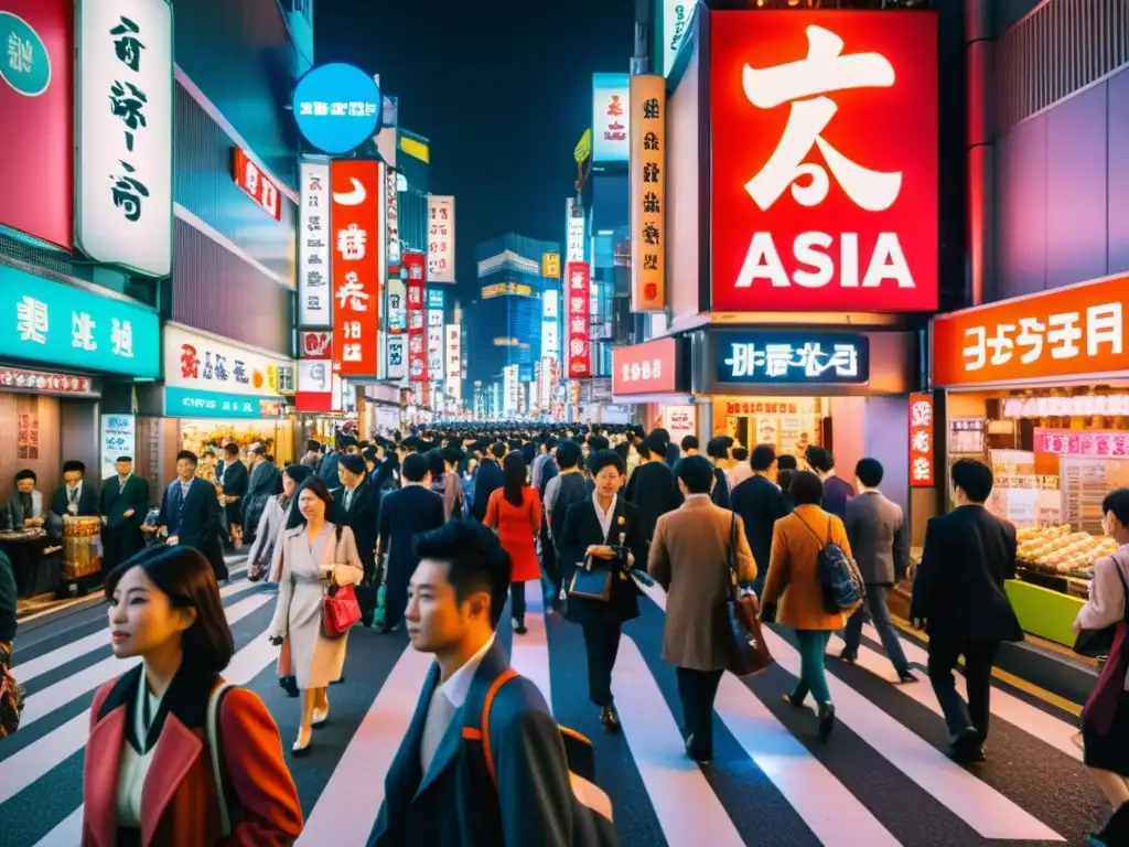 Vibrante escena urbana en Tokio, Japón, con luces de neón y bullicio, reflejando la energía de la vida urbana en Asia