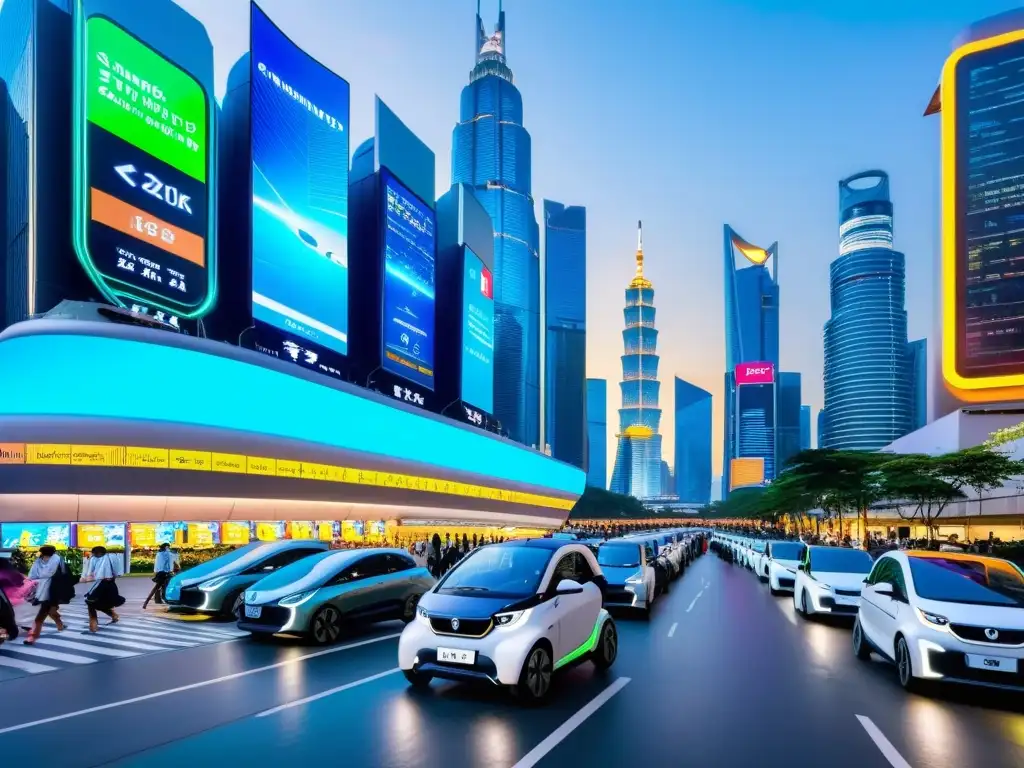 Vibrante escena urbana de Asia, con movilidad eléctrica y futuras estaciones de carga, reflejando el impacto global de la movilidad eléctrica en Asia