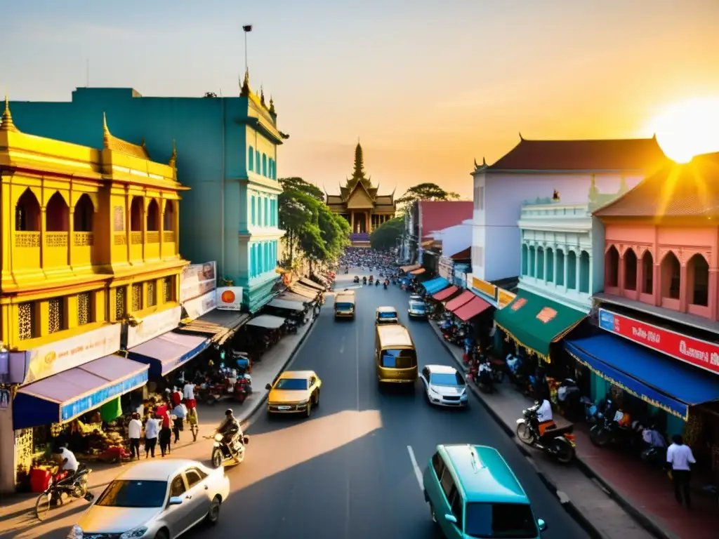 Vibrante escena urbana de Phnom Penh, Camboya, con arte callejero y arquitectura tradicional